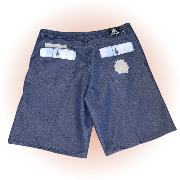 Y2K RETRO RARE RED APE BLUE & WHITE PLAID DETAIL MEN'S DENIM JEAN SHORTS EUC 44 - Picture 1 of 10